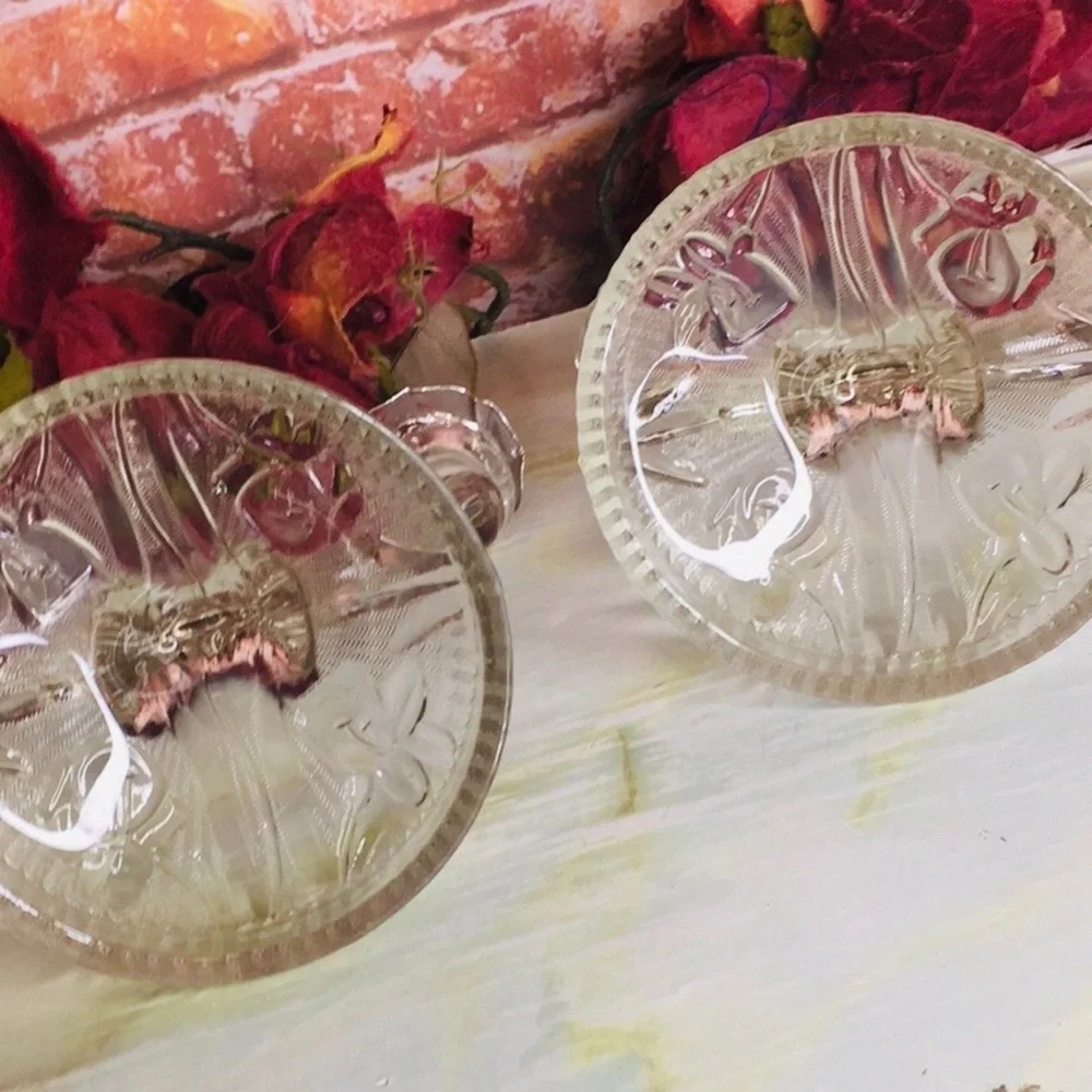 Antique Depression Glass Iris and Herringbone Pattern Double Candle Sticks